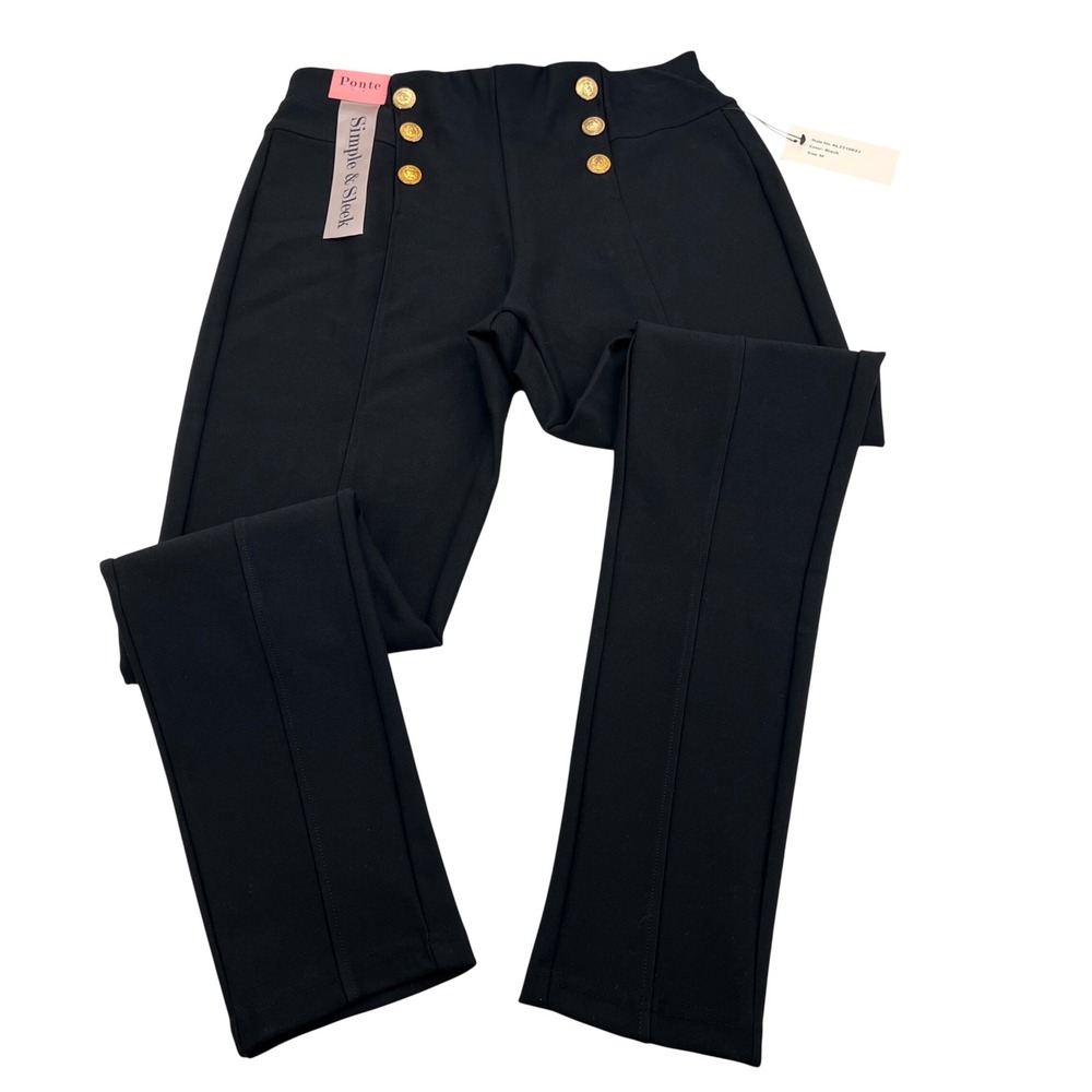 Indero Womens Black Ponte Knit Sailor Pants‎ Gold Buttons AL231062J Size M NEW
